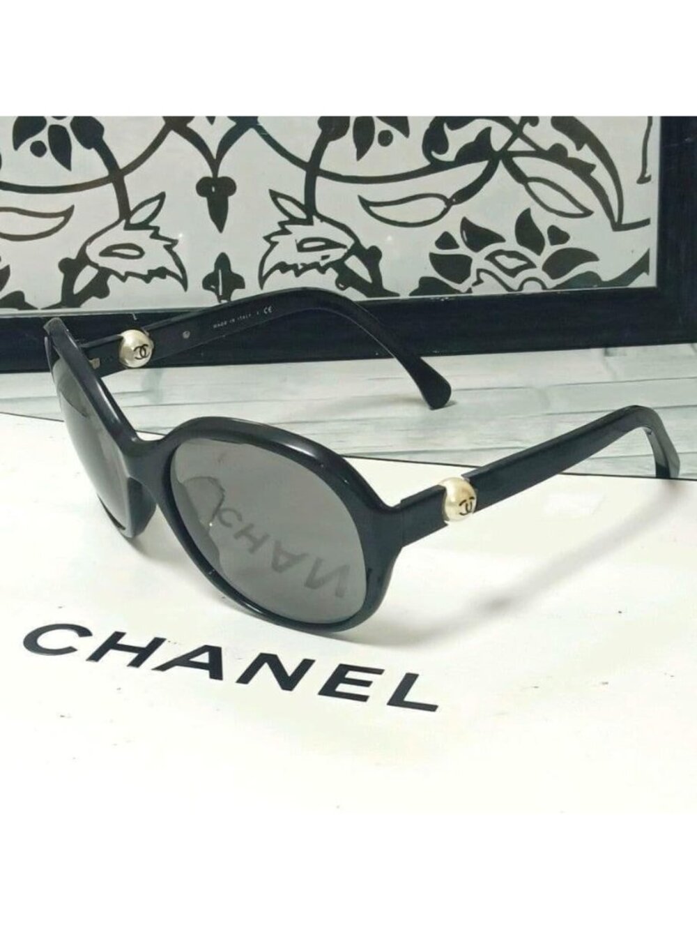 Chanel Sunglasses Pearl CC Logo Black Oval Eyewear